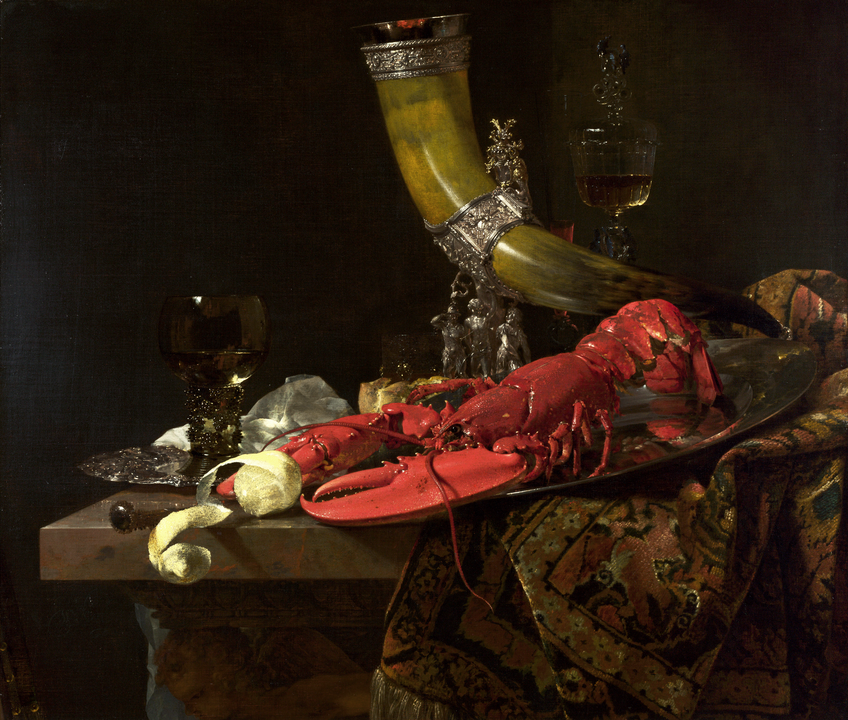 『角杯のある静物-聖セバスチャン射手ギルドの角杯、アカザエビとグラス』 ウィレム・カルフ 【1653年頃】