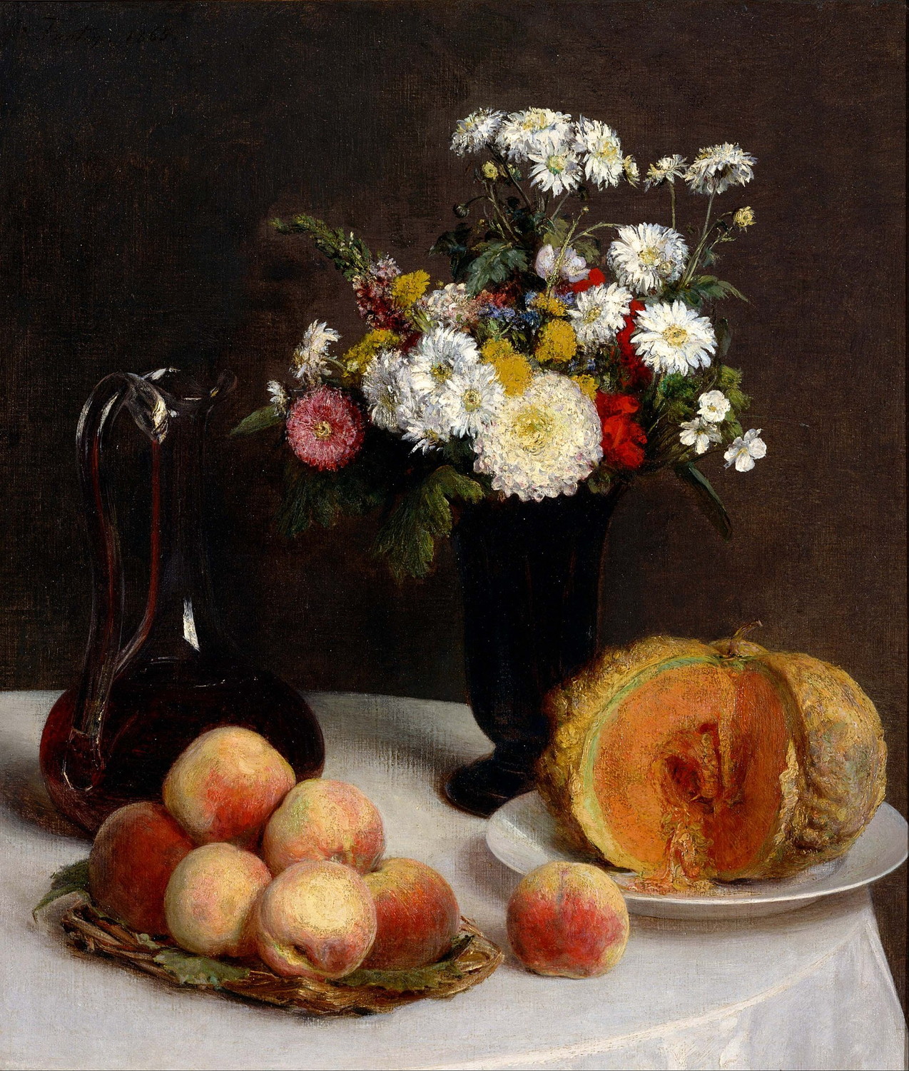 『カラフ、花、果物のある静物』 アンリ・ファンタン・ラトゥール 【1865】